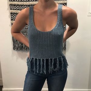 Baby blue fringe knit crop top